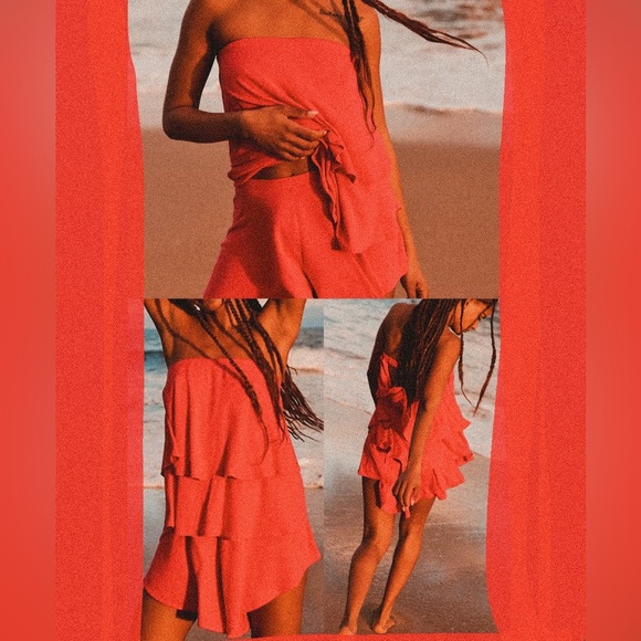 Free people red orange strapless layered + relaxed boho short sunsational set - Picture 1 of 10